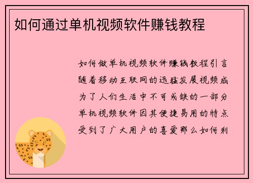 如何通过单机视频软件赚钱教程